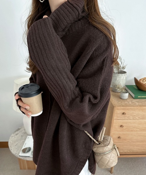 andme(アンドミー)の「天竺編み長袖ラウンドヘムタートルネックニット(ニット/セーター・レディース・チャコールグレー/オートミール/ベージュ/グリーン/オレンジ/ラベンダー/グレー系その他/ネイビー/ミント/グレー/ブラウン/ピンク・F(M))」の6枚目の写真