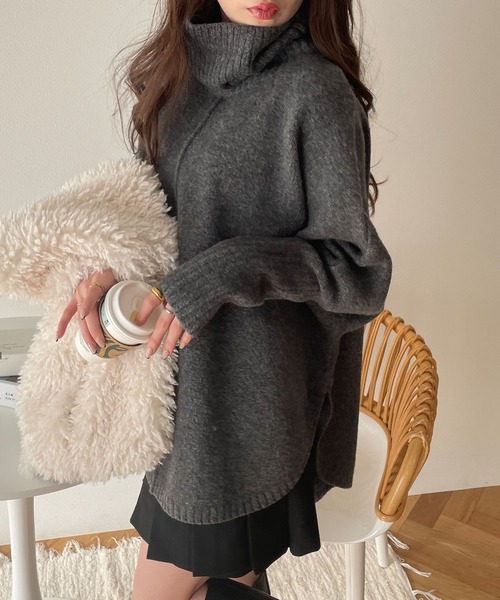 andme(アンドミー)の「天竺編み長袖ラウンドヘムタートルネックニット(ニット/セーター・レディース・チャコールグレー/オートミール/ベージュ/グリーン/オレンジ/ラベンダー/グレー系その他/ネイビー/ミント/グレー/ブラウン/ピンク・F(M))」の13枚目の写真