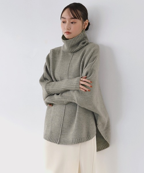 セール】天竺編み長袖ラウンドヘムタートルネックニット（ニット