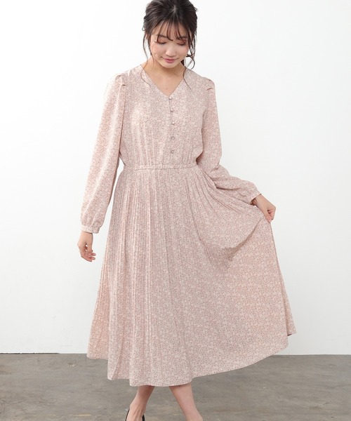 6ペンス 花柄ワンピース ブラウン M オシャレ Honeys（ハニーズ）の「Vネックワンピース（ワンピース）」 - WEAR