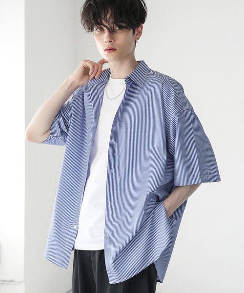 ASTRONOMY（アストロノミー）の「ビッグシルエットブロード5分袖シャツ　ブロード/ストライプ/クレリック（シャツ/ブラウス・メンズ・チャコール/サックスブルー/ホワイト/ネイビー×ホワイト/ホワイト×ブラック/カーキ/ベージュ/ストライプ・S/M/L）」の13枚目の写真