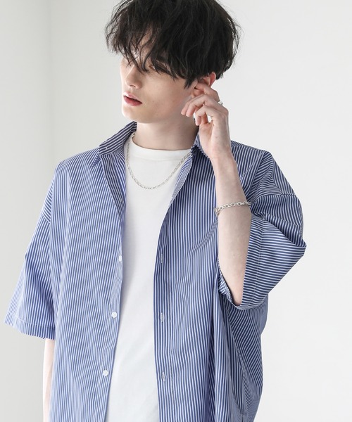 ASTRONOMY（アストロノミー）の「ビッグシルエットブロード5分袖シャツ　ブロード/ストライプ/クレリック（シャツ/ブラウス・メンズ・チャコール/サックスブルー/ホワイト/ネイビー×ホワイト/ホワイト×ブラック/カーキ/ベージュ/ストライプ・S/M/L）」の17枚目の写真