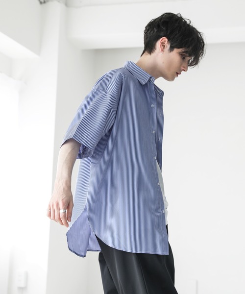 ASTRONOMY（アストロノミー）の「ビッグシルエットブロード5分袖シャツ　ブロード/ストライプ/クレリック（シャツ/ブラウス・メンズ・チャコール/サックスブルー/ホワイト/ネイビー×ホワイト/ホワイト×ブラック/カーキ/ベージュ/ストライプ・S/M/L）」の14枚目の写真