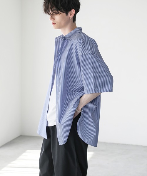 ASTRONOMY（アストロノミー）の「ビッグシルエットブロード5分袖シャツ　ブロード/ストライプ/クレリック（シャツ/ブラウス・メンズ・チャコール/サックスブルー/ホワイト/ネイビー×ホワイト/ホワイト×ブラック/カーキ/ベージュ/ストライプ・S/M/L）」の16枚目の写真