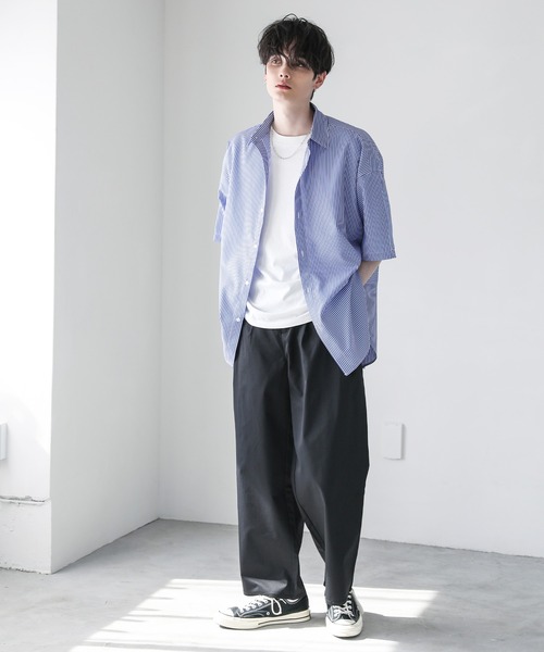 ASTRONOMY（アストロノミー）の「ビッグシルエットブロード5分袖シャツ　ブロード/ストライプ/クレリック（シャツ/ブラウス・メンズ・チャコール/サックスブルー/ホワイト/ネイビー×ホワイト/ホワイト×ブラック/カーキ/ベージュ/ストライプ・S/M/L）」の19枚目の写真