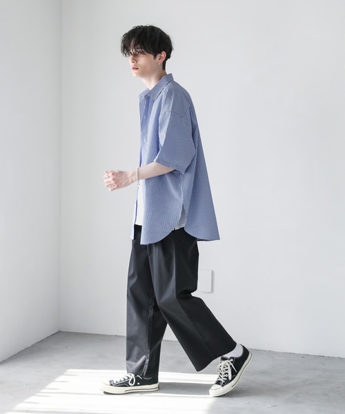 ASTRONOMY（アストロノミー）の「ビッグシルエットブロード5分袖シャツ　ブロード/ストライプ/クレリック（シャツ/ブラウス・メンズ・チャコール/サックスブルー/ホワイト/ネイビー×ホワイト/ホワイト×ブラック/カーキ/ベージュ/ストライプ・S/M/L）」の21枚目の写真