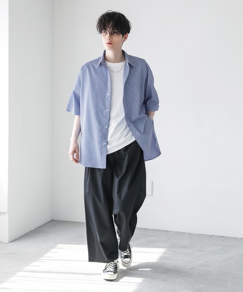 ASTRONOMY（アストロノミー）の「ビッグシルエットブロード5分袖シャツ　ブロード/ストライプ/クレリック（シャツ/ブラウス・メンズ・チャコール/サックスブルー/ホワイト/ネイビー×ホワイト/ホワイト×ブラック/カーキ/ベージュ/ストライプ・S/M/L）」の22枚目の写真