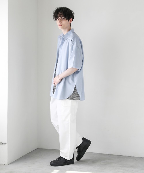 ASTRONOMY（アストロノミー）の「ビッグシルエットブロード5分袖シャツ　ブロード/ストライプ/クレリック（シャツ/ブラウス・メンズ・チャコール/サックスブルー/ホワイト/ネイビー×ホワイト/ホワイト×ブラック/カーキ/ベージュ/ストライプ・S/M/L）」の12枚目の写真