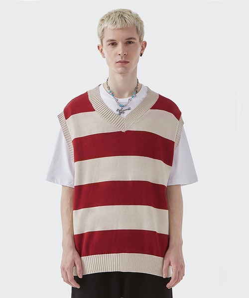 CORPUS TOKYO（コーパス トーキョー）の「Lazy Tokyo ボーダーニットベスト（ベスト・メンズ・レッド/グリーン・1/2/3）」の2枚目の写真