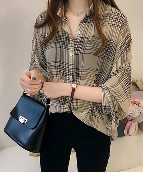 SETUP7(セットアップセブン)の「【SETUP7】シフォンチェック柄シアーシャツ ブラウス SCCH205(シャツ/ブラウス・レディース・ブラック/アイボリー・FREE)」の2枚目の写真