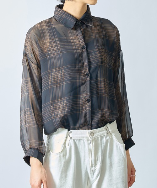 SETUP7(セットアップセブン)の「【SETUP7】シフォンチェック柄シアーシャツ ブラウス SCCH205(シャツ/ブラウス・レディース・ブラック/アイボリー・FREE)」の6枚目の写真