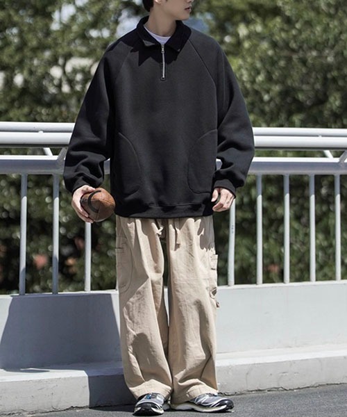 WESTBOY(ウエストボーイ)の「オーバーサイズハーフジップスウェットプルオーバー WOK23STP03【WB ORIGINALS】(ポロシャツ・メンズ・ブラック/グレー・L/M/XL/XXL)」の5枚目の写真