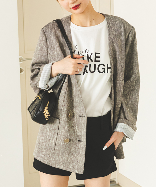 U by SPICK&SPAN(ユーバイスピックアンドスパン)の「スラブメランジオーバージャケット(ノーカラージャケット・レディース・スカイブルー/ブラック・FREE)」の2枚目の写真