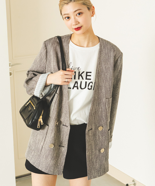 U by SPICK&SPAN(ユーバイスピックアンドスパン)の「スラブメランジオーバージャケット(ノーカラージャケット・レディース・スカイブルー/ブラック・FREE)」の17枚目の写真