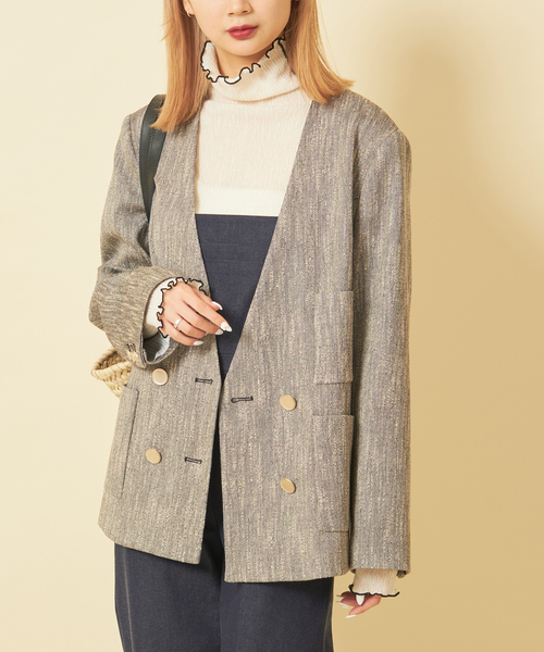 U by SPICK&SPAN(ユーバイスピックアンドスパン)の「スラブメランジオーバージャケット(ノーカラージャケット・レディース・スカイブルー/ブラック・FREE)」の13枚目の写真