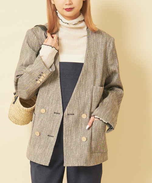 U by SPICK&SPAN(ユーバイスピックアンドスパン)の「スラブメランジオーバージャケット(ノーカラージャケット・レディース・スカイブルー/ブラック・FREE)」の8枚目の写真