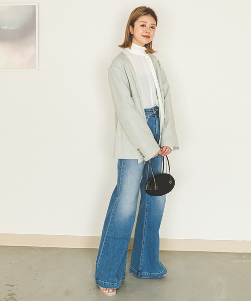 U by SPICK&SPAN(ユーバイスピックアンドスパン)の「スラブメランジオーバージャケット(ノーカラージャケット・レディース・スカイブルー/ブラック・FREE)」の9枚目の写真