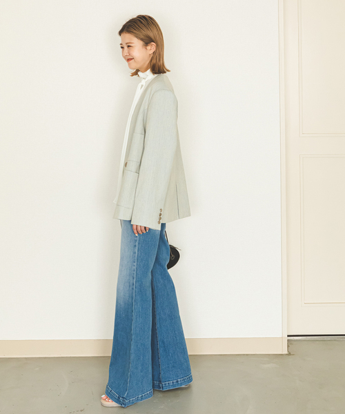 U by SPICK&SPAN(ユーバイスピックアンドスパン)の「スラブメランジオーバージャケット(ノーカラージャケット・レディース・スカイブルー/ブラック・FREE)」の3枚目の写真