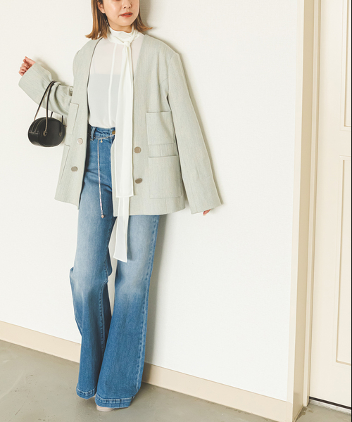 U by SPICK&SPAN(ユーバイスピックアンドスパン)の「スラブメランジオーバージャケット(ノーカラージャケット・レディース・スカイブルー/ブラック・FREE)」の14枚目の写真