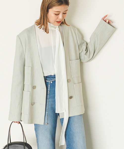 U by SPICK&SPAN(ユーバイスピックアンドスパン)の「スラブメランジオーバージャケット(ノーカラージャケット・レディース・スカイブルー/ブラック・FREE)」の20枚目の写真