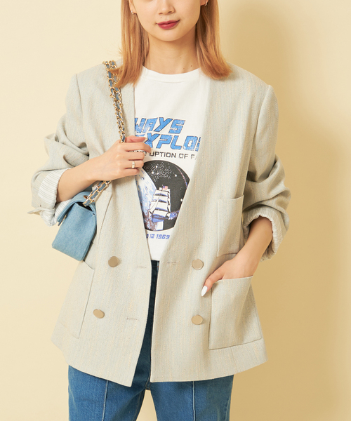 U by SPICK&SPAN(ユーバイスピックアンドスパン)の「スラブメランジオーバージャケット(ノーカラージャケット・レディース・スカイブルー/ブラック・FREE)」の15枚目の写真