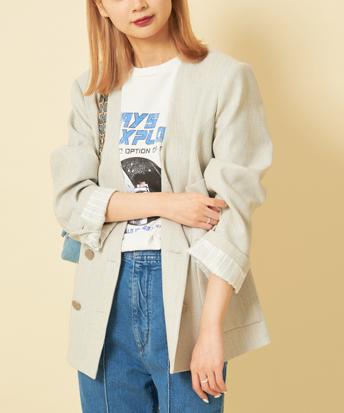 U by SPICK&SPAN(ユーバイスピックアンドスパン)の「スラブメランジオーバージャケット(ノーカラージャケット・レディース・スカイブルー/ブラック・FREE)」の11枚目の写真