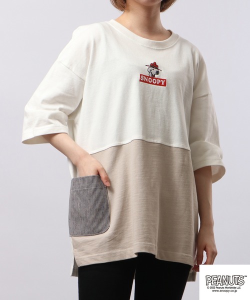 PEANUTS(ピーナッツ)の「PEANUTS スヌーピー ドロップショルダー ヘビーウェイト 切り替え Tシャツ(Tシャツ/カットソー・レディース・ベージュ/チャコール/グレー・S/M/L)」の1枚目の写真