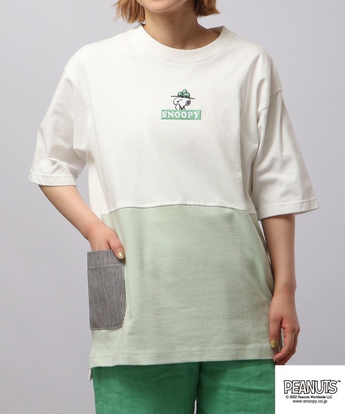PEANUTS(ピーナッツ)の「PEANUTS スヌーピー ドロップショルダー ヘビーウェイト 切り替え Tシャツ(Tシャツ/カットソー・レディース・ベージュ/チャコール/グレー・S/M/L)」の4枚目の写真