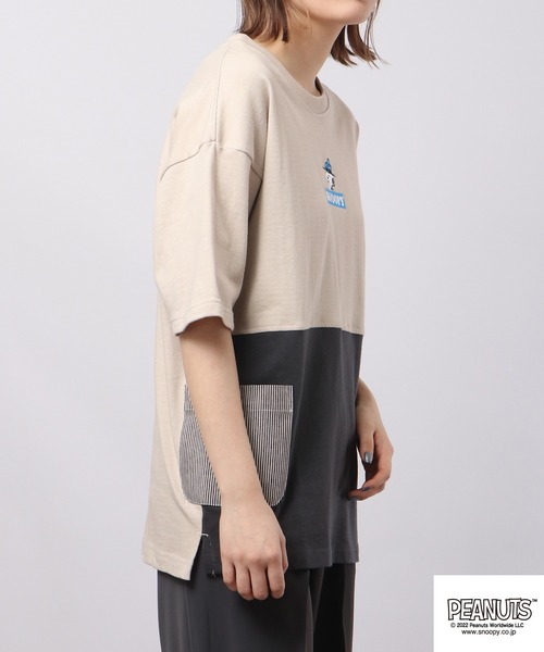 PEANUTS(ピーナッツ)の「PEANUTS スヌーピー ドロップショルダー ヘビーウェイト 切り替え Tシャツ(Tシャツ/カットソー・レディース・ベージュ/チャコール/グレー・S/M/L)」の15枚目の写真