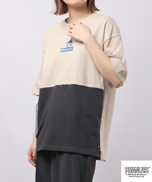 PEANUTS(ピーナッツ)の「PEANUTS スヌーピー ドロップショルダー ヘビーウェイト 切り替え Tシャツ(Tシャツ/カットソー・レディース・ベージュ/チャコール/グレー・S/M/L)」の14枚目の写真