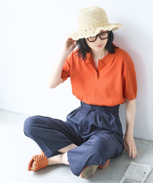 Chaco closet（チャコ クローゼット）の「リネンライク鹿の子編み半袖ニットポロシャツ（ポロシャツ・レディース・ブラック/アイボリー/オレンジ/ネイビー/ブラック×ホワイト/ブラウン/グリーン・FREE）」の7枚目の写真