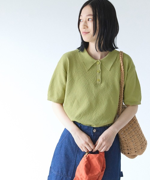 Chaco closet（チャコ クローゼット）の「リネンライク鹿の子編み半袖ニットポロシャツ（ポロシャツ・レディース・ブラック/アイボリー/オレンジ/ネイビー/ブラック×ホワイト/ブラウン/グリーン・FREE）」の5枚目の写真