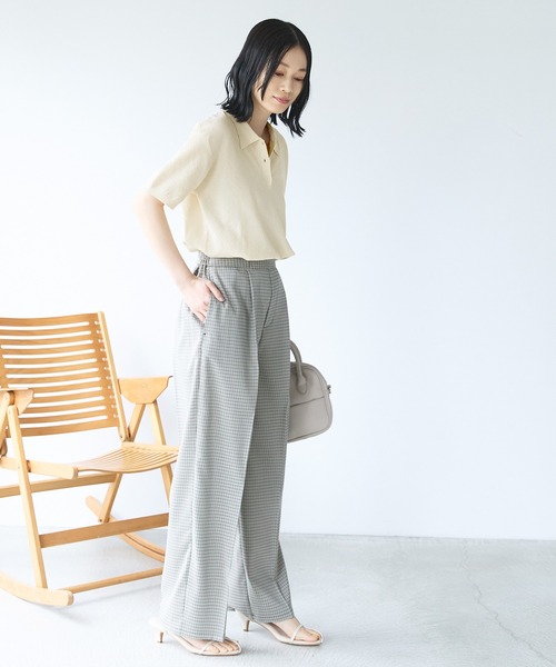 Chaco closet（チャコ クローゼット）の「リネンライク鹿の子編み半袖ニットポロシャツ（ポロシャツ・レディース・ブラック/アイボリー/オレンジ/ネイビー/ブラック×ホワイト/ブラウン/グリーン・FREE）」の14枚目の写真