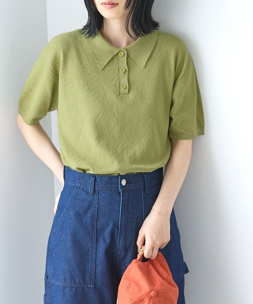 Chaco closet（チャコ クローゼット）の「リネンライク鹿の子編み半袖ニットポロシャツ（ポロシャツ・レディース・ブラック/アイボリー/オレンジ/ネイビー/ブラック×ホワイト/ブラウン/グリーン・FREE）」の13枚目の写真