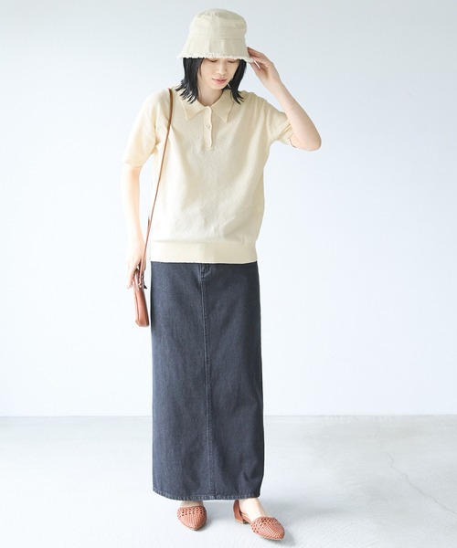 Chaco closet（チャコ クローゼット）の「リネンライク鹿の子編み半袖ニットポロシャツ（ポロシャツ・レディース・ブラック/アイボリー/オレンジ/ネイビー/ブラック×ホワイト/ブラウン/グリーン・FREE）」の15枚目の写真