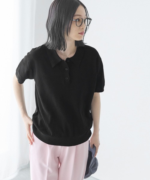 Chaco closet（チャコ クローゼット）の「リネンライク鹿の子編み半袖ニットポロシャツ（ポロシャツ・レディース・ブラック/アイボリー/オレンジ/ネイビー/ブラック×ホワイト/ブラウン/グリーン・FREE）」の16枚目の写真