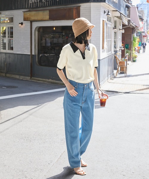 Chaco closet（チャコ クローゼット）の「リネンライク鹿の子編み半袖ニットポロシャツ（ポロシャツ・レディース・ブラック/アイボリー/オレンジ/ネイビー/ブラック×ホワイト/ブラウン/グリーン・FREE）」の9枚目の写真