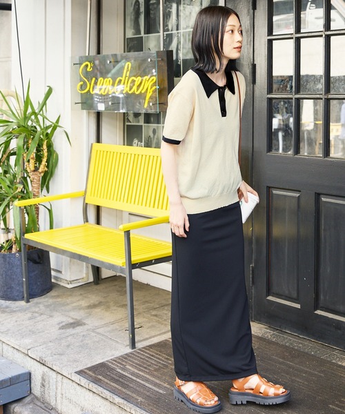 Chaco closet（チャコ クローゼット）の「リネンライク鹿の子編み半袖ニットポロシャツ（ポロシャツ・レディース・ブラック/アイボリー/オレンジ/ネイビー/ブラック×ホワイト/ブラウン/グリーン・FREE）」の10枚目の写真