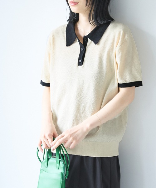 Chaco closet（チャコ クローゼット）の「リネンライク鹿の子編み半袖ニットポロシャツ（ポロシャツ・レディース・ブラック/アイボリー/オレンジ/ネイビー/ブラック×ホワイト/ブラウン/グリーン・FREE）」の11枚目の写真