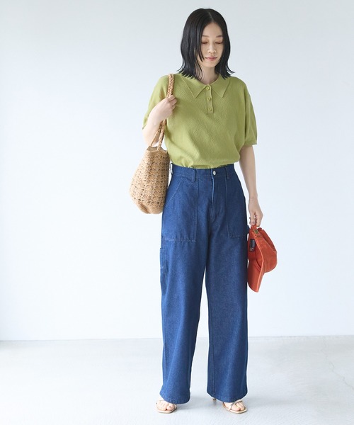 Chaco closet（チャコ クローゼット）の「リネンライク鹿の子編み半袖ニットポロシャツ（ポロシャツ・レディース・ブラック/アイボリー/オレンジ/ネイビー/ブラック×ホワイト/ブラウン/グリーン・FREE）」の17枚目の写真