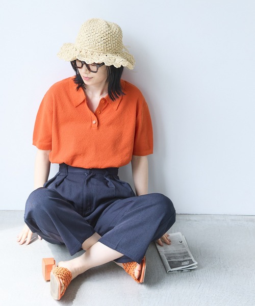 Chaco closet（チャコ クローゼット）の「リネンライク鹿の子編み半袖ニットポロシャツ（ポロシャツ・レディース・ブラック/アイボリー/オレンジ/ネイビー/ブラック×ホワイト/ブラウン/グリーン・FREE）」の20枚目の写真