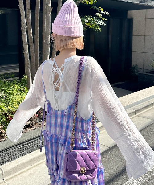 Alley by w closet(アリーバイダブルクローゼット)の「【前後2WAY/Alley】レースアップシアーシャツ(シャツ/ブラウス・レディース・ピンク/ラベンダー/オフホワイト・FREE)」の9枚目の写真