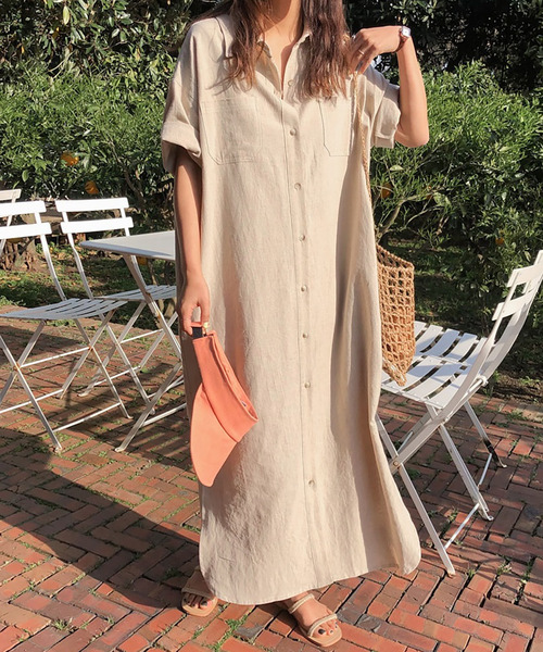 Doula Doula(ドゥーラドゥーラ)の「半袖ロングシャツワンピース(ワンピース・レディース・ダークグリーン/ベージュ/ピンク/イエロー/ダークグレー/モカ・FREE)」の4枚目の写真