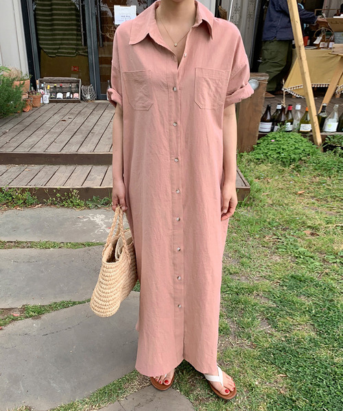 Doula Doula(ドゥーラドゥーラ)の「半袖ロングシャツワンピース(ワンピース・レディース・ダークグリーン/ベージュ/ピンク/イエロー/ダークグレー/モカ・FREE)」の6枚目の写真