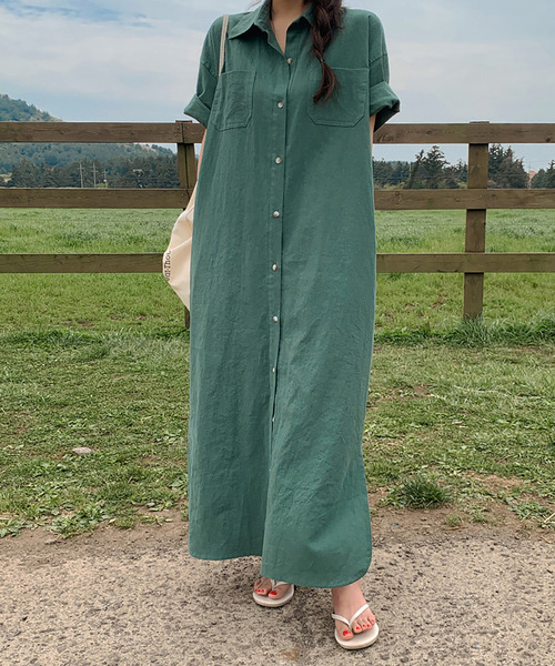 Doula Doula(ドゥーラドゥーラ)の「半袖ロングシャツワンピース(ワンピース・レディース・ダークグリーン/ベージュ/ピンク/イエロー/ダークグレー/モカ・FREE)」の5枚目の写真