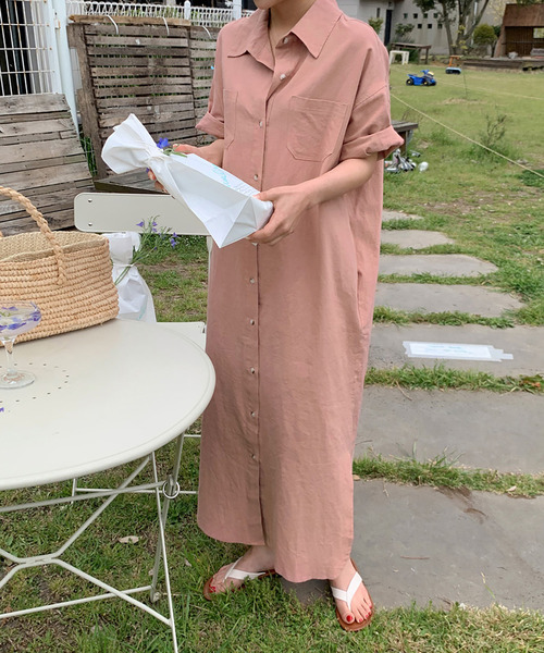 Doula Doula(ドゥーラドゥーラ)の「半袖ロングシャツワンピース(ワンピース・レディース・ダークグリーン/ベージュ/ピンク/イエロー/ダークグレー/モカ・FREE)」の11枚目の写真