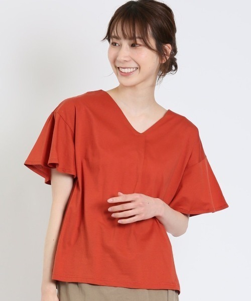 MARLENE JOBERT(マルレーヌ ジョベル)の「マルレーヌジョベル/MARLENE JOBERT 接触冷感 Vネック 袖フレアTシャツ(Tシャツ/カットソー・レディース・ネイビー/サックスブルー/オレンジ/ホワイト/イエロー・LARGE/MEDIUM)」の1枚目の写真