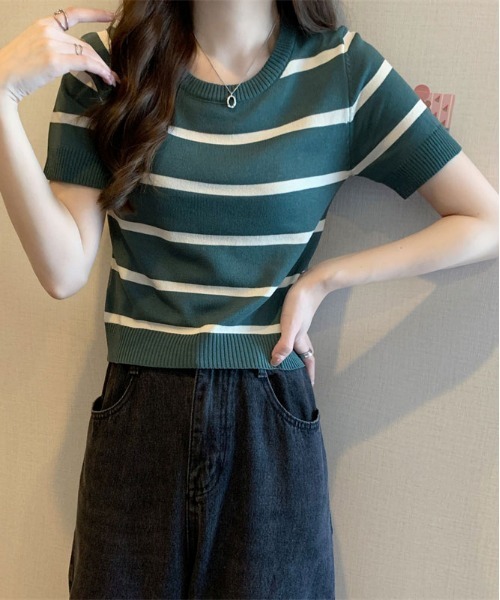 ibeul_（イベール）の「コンパクトボーダーニットトップス（Tシャツ/カットソー・レディース・アイボリー/グリーン/ブラック/ホワイト・FREE）」の20枚目の写真