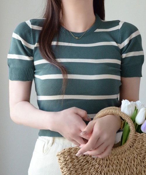 ibeul_（イベール）の「コンパクトボーダーニットトップス（Tシャツ/カットソー・レディース・アイボリー/グリーン/ブラック/ホワイト・FREE）」の16枚目の写真