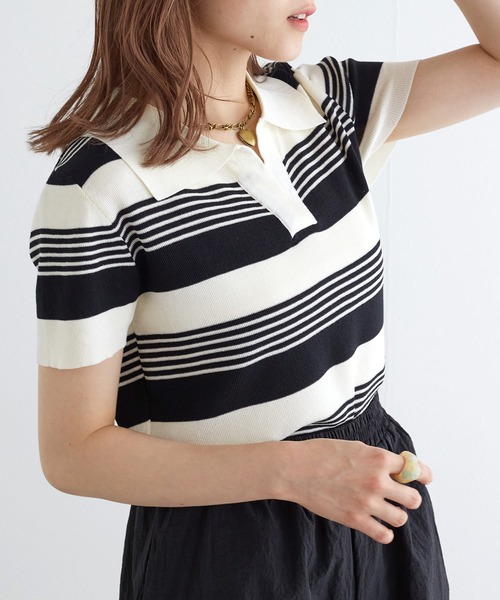 w closet(ダブルクローゼット)の「スキッパーランダムボーダーポロニット(ポロシャツ・レディース・ホワイト×ブラック/ピンク・FREE)」の5枚目の写真